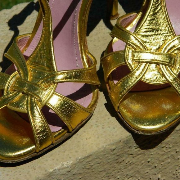 BCBG Max Azria Gold Metalic Leather MaryJane Strappy Spike Heel Sandal Shoes 8.5 - Picture 6 of 10
